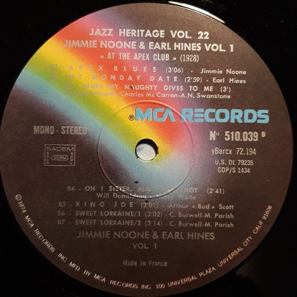Платівка Jimmie Noone, Earl Hines – 1 - "At The Apex Club" 1928 | Джиммі Нун , Ерл Хайнс