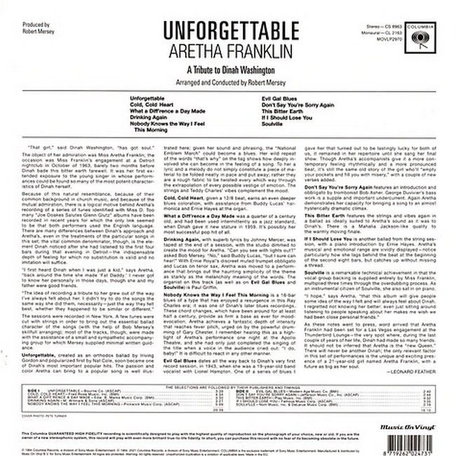 Aretha Franklin – Unforgettable (A Tribute To Dinah Washington) (LP, Album, Reissue, Stereo, Vinyl)