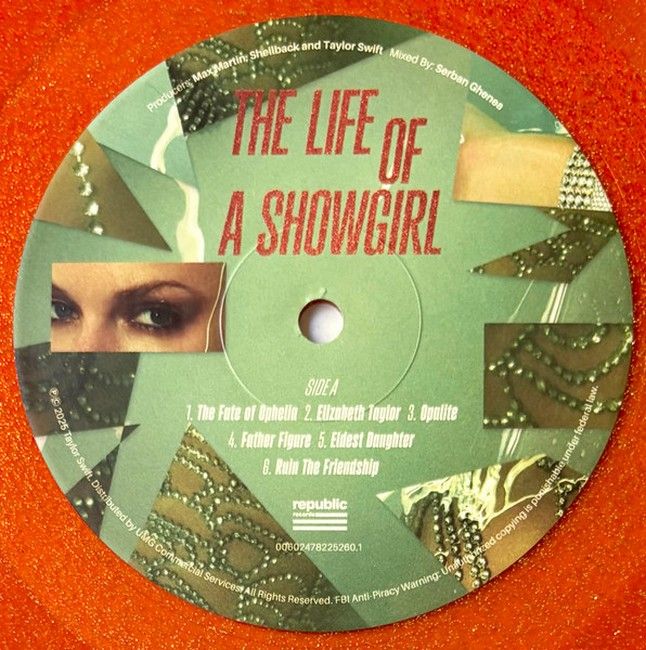 Taylor Swift – The Life Of A Showgirl ( LP, Album, Orange Translucent With Gold Glitter [Portofino Orange Glitter], Sweat And Vanilla Perfume Edition)