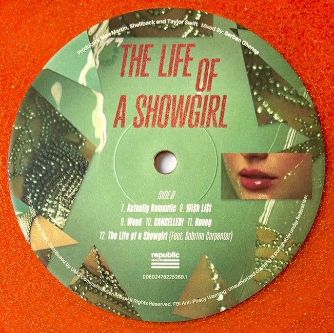 Taylor Swift – The Life Of A Showgirl ( LP, Album, Orange Translucent With Gold Glitter [Portofino Orange Glitter], Sweat And Vanilla Perfume Edition)