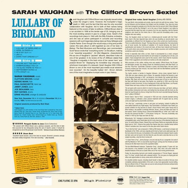 Sarah Vaughan – Lullaby Of Birdland (LP, Album, Limited Edition, Vinyl)