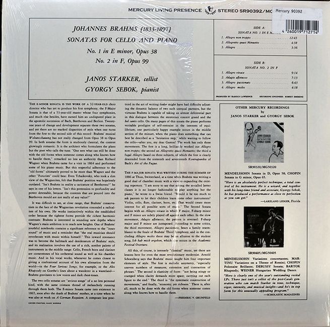 Johannes Brahms, Janos Starker, Gyorgy Sebok – Cello And Piano Sonatas (Vinyl)