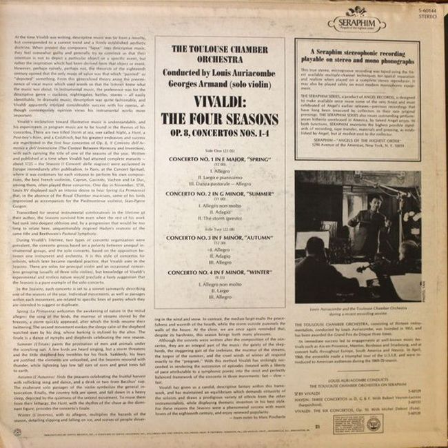 Vivaldi - The Toulouse Chamber Orchestra, Louis Auriacombe, Georges Armand – The Four Seasons (Vinyl)